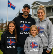 Load image into Gallery viewer, DNA hoodie family at house with Icelandic flag