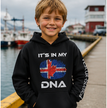 Load image into Gallery viewer, Child wearing black DNA hoodie at Icelandic harbour