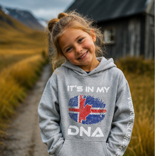 Load image into Gallery viewer, Child wearing grey DNA hoodie in Icelandic landscape